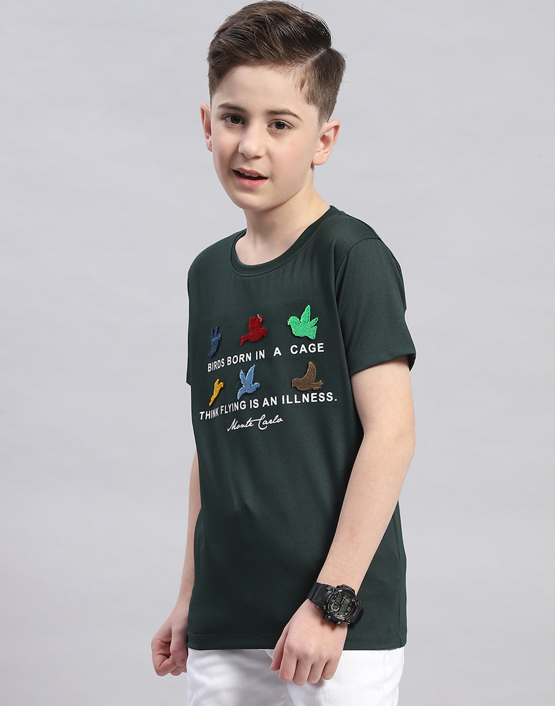 Boys Green Printed Round Neck Half Sleeve T-Shirt