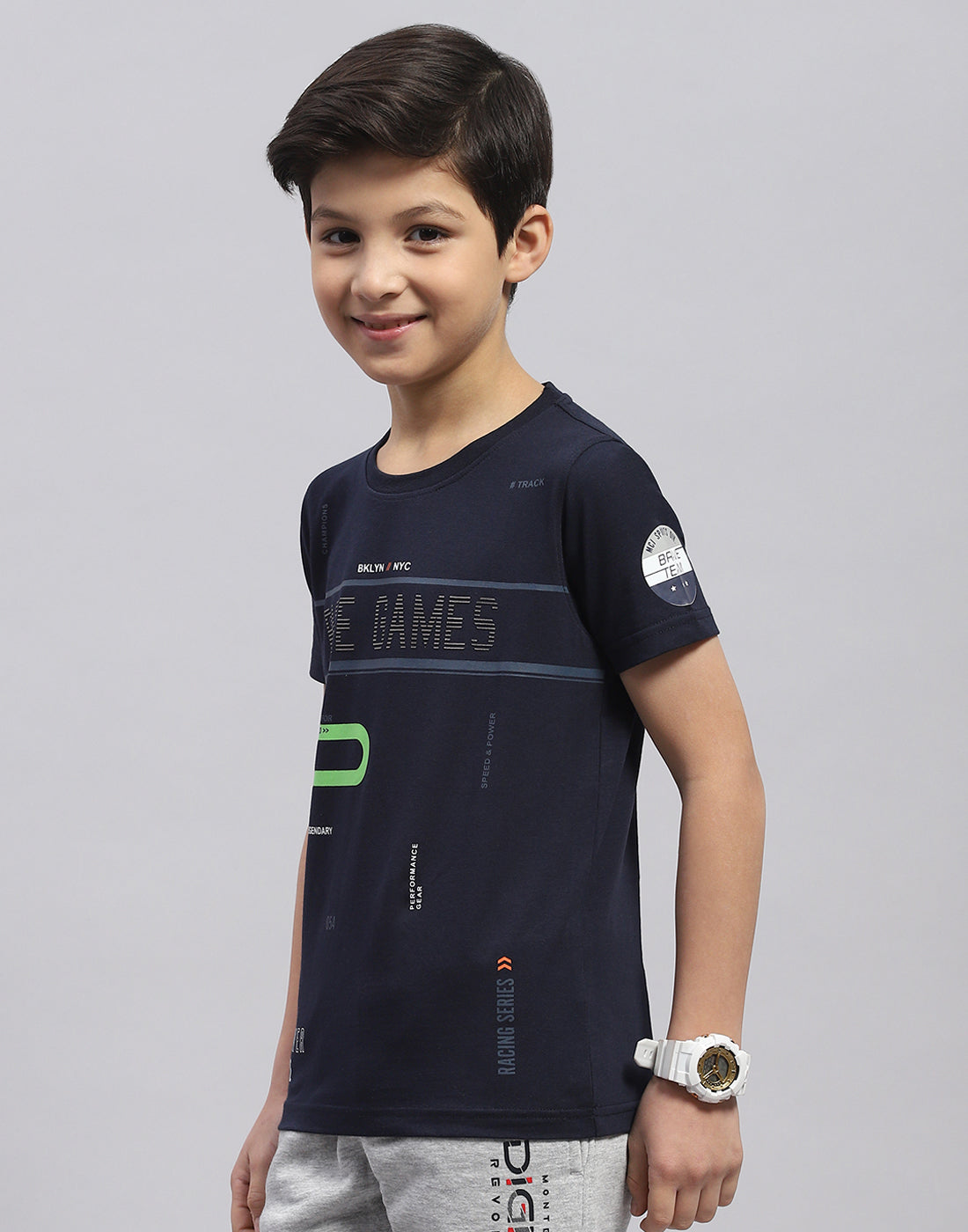 Boys Navy Blue Printed Round Neck Half Sleeve T-Shirt