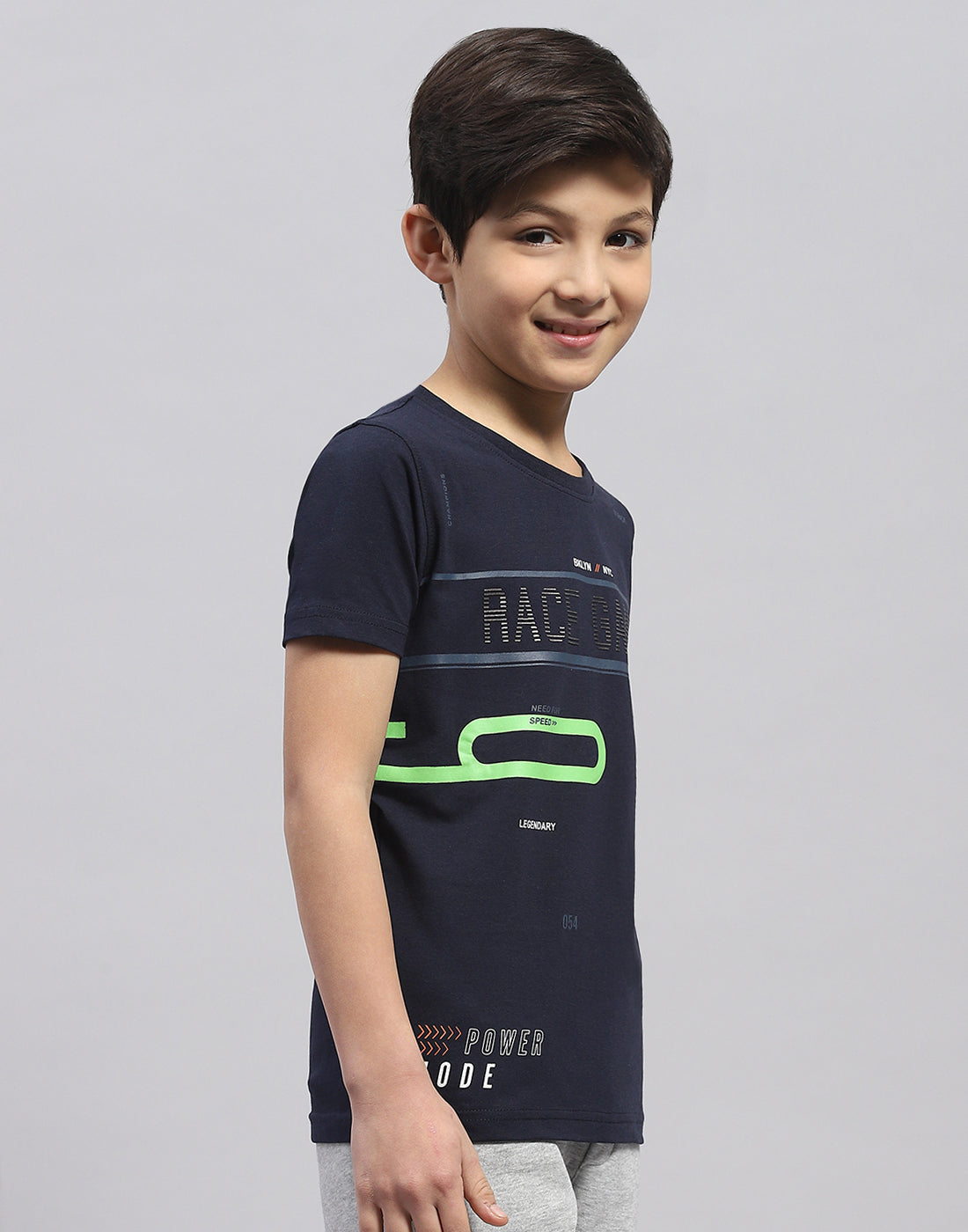 Boys Navy Blue Printed Round Neck Half Sleeve T-Shirt