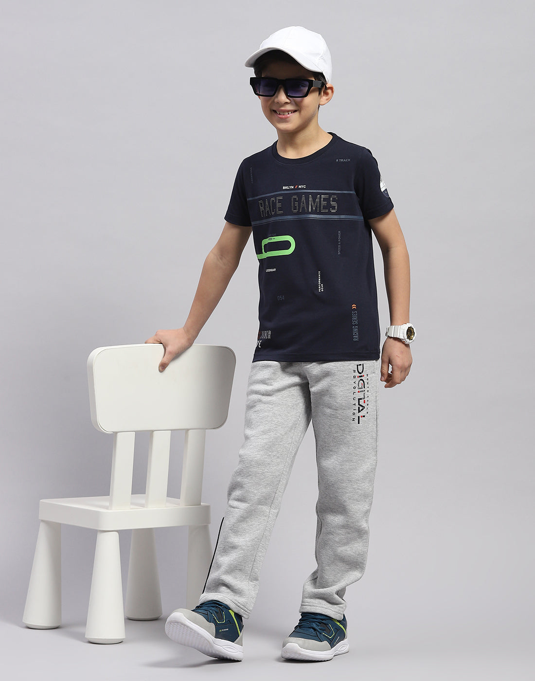 Boys Navy Blue Printed Round Neck Half Sleeve T-Shirt