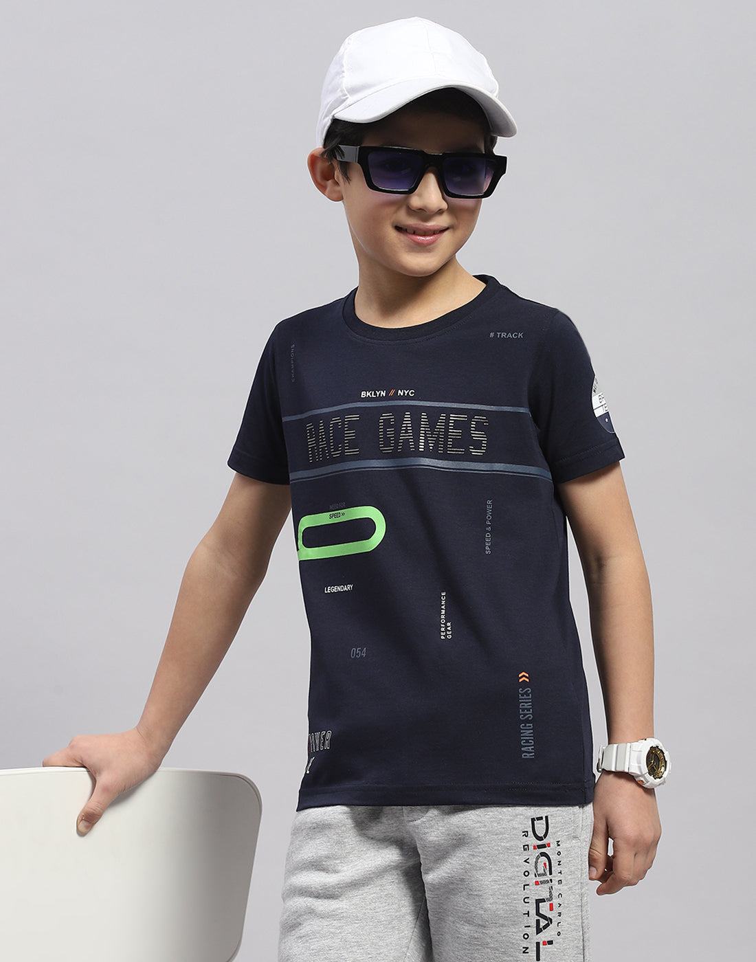 Boys Navy Blue Printed Round Neck Half Sleeve T-Shirt