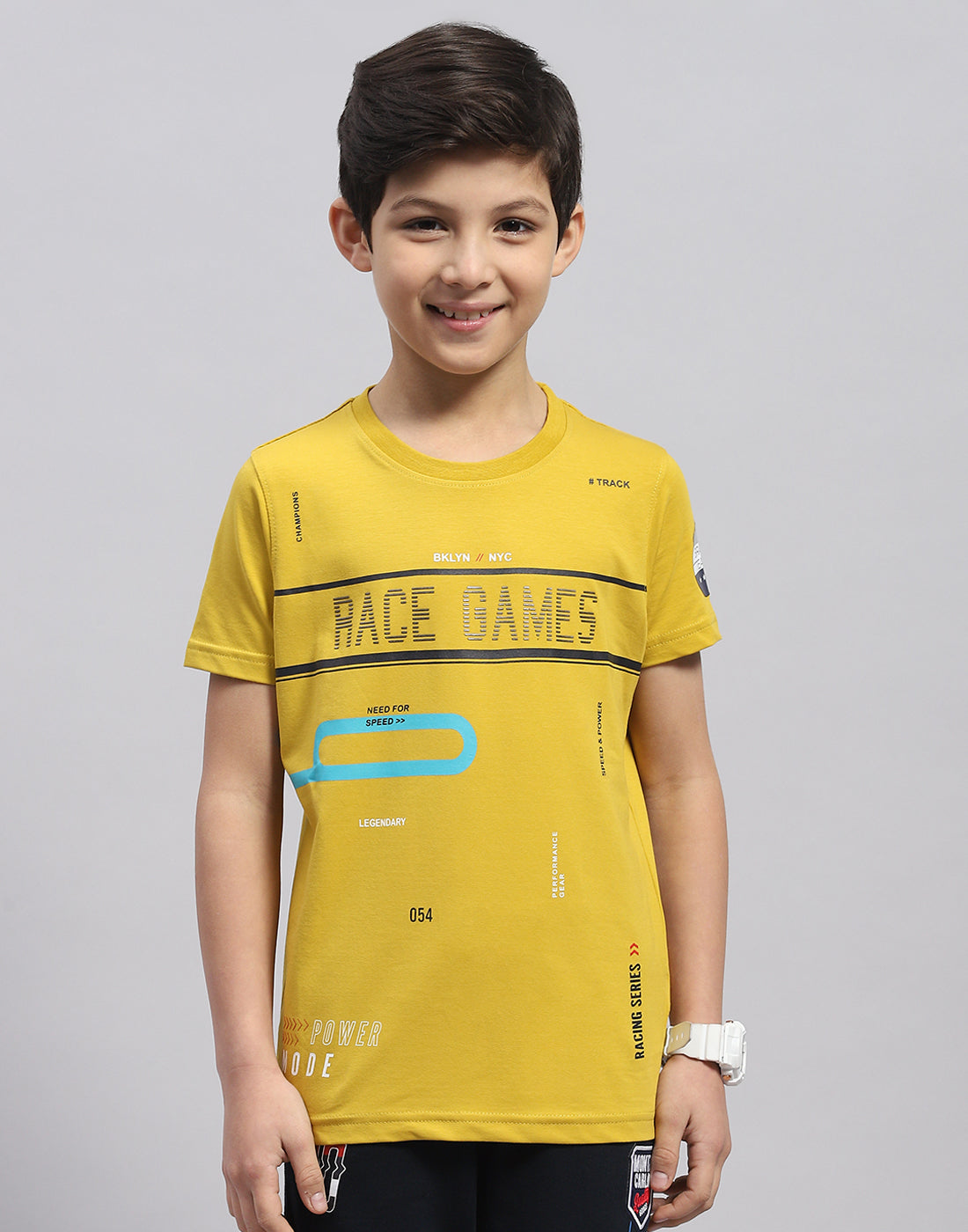 Boys Yellow Printed Round Neck Half Sleeve T-Shirt