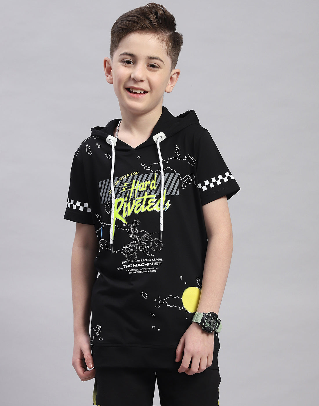 Boys Black Printed Hooded Half Sleeve T-Shirt