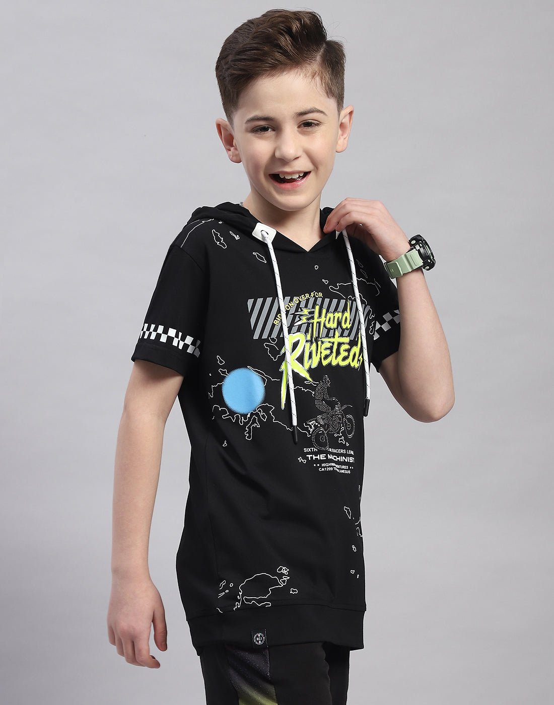 Boys Black Printed Hooded Half Sleeve T-Shirt