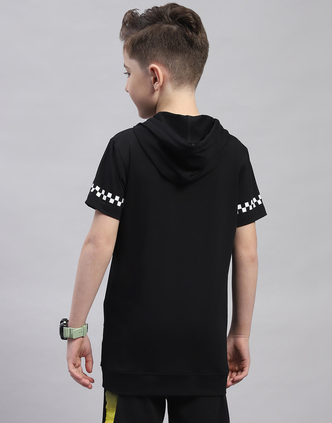Boys Black Printed Hooded Half Sleeve T-Shirt