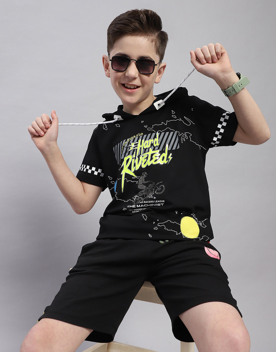 Boys Black Printed Hooded Half Sleeve T-Shirt