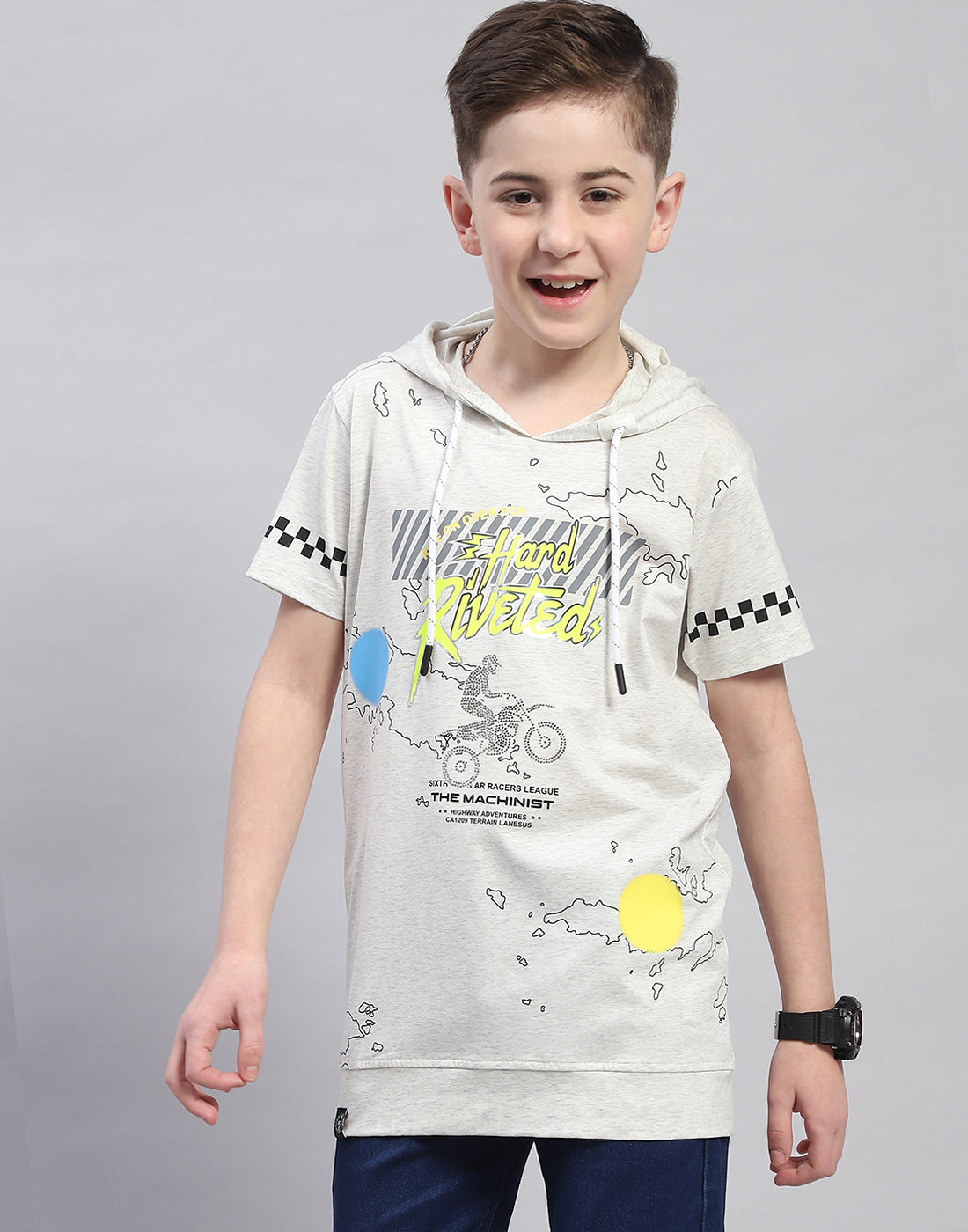 Boys Grey Printed Hooded Half Sleeve T-Shirt