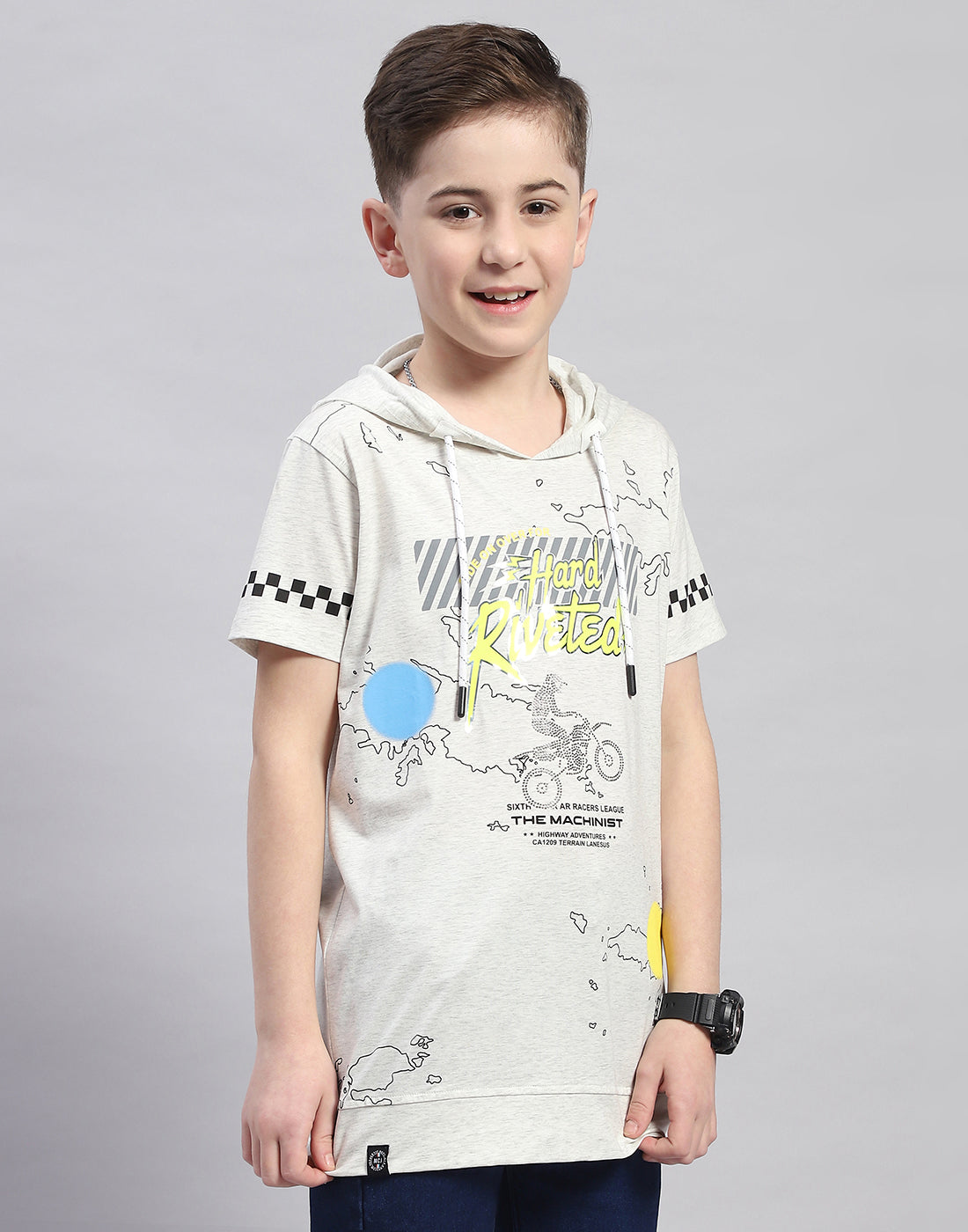 Boys Grey Printed Hooded Half Sleeve T-Shirt