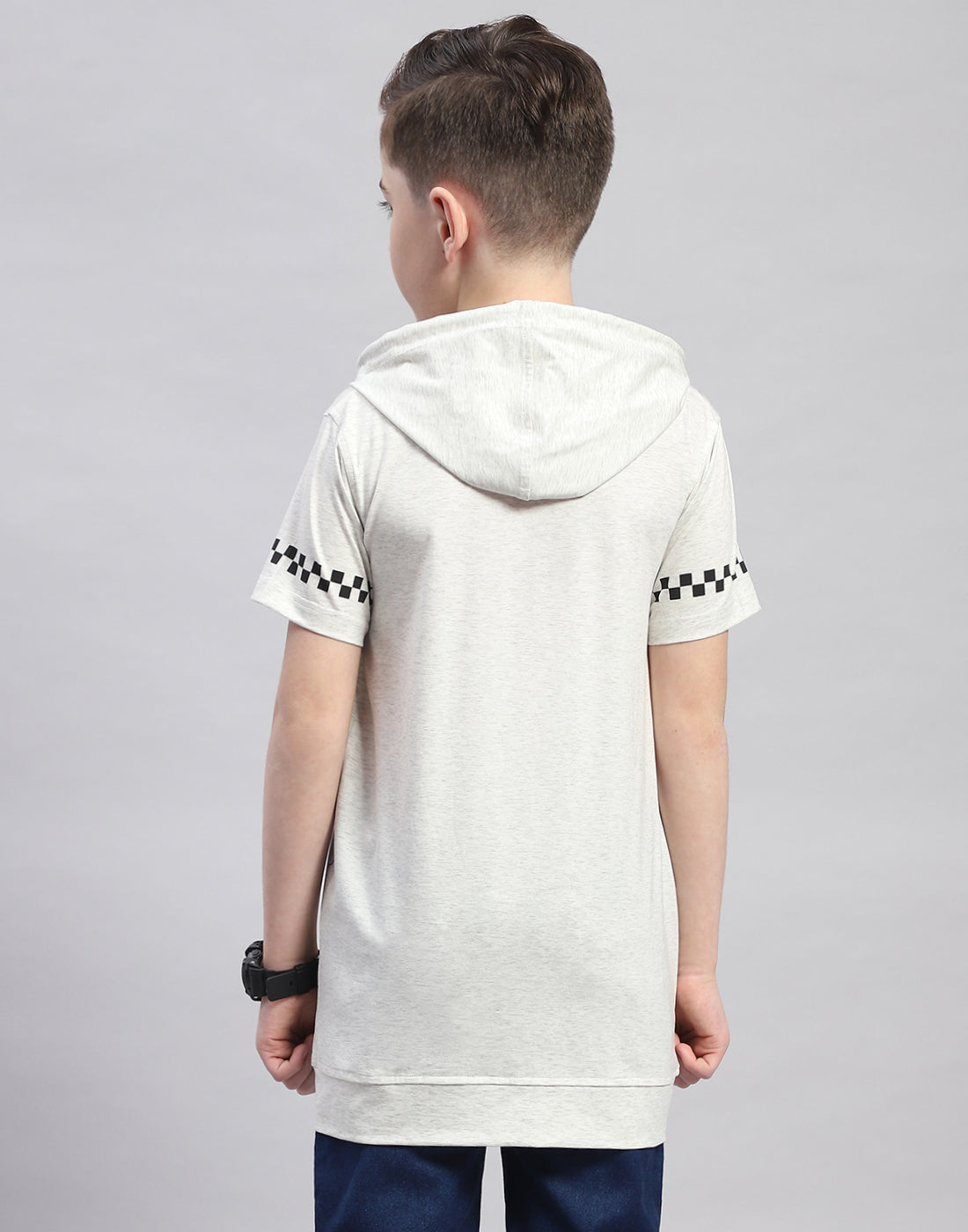 Boys Grey Printed Hooded Half Sleeve T-Shirt