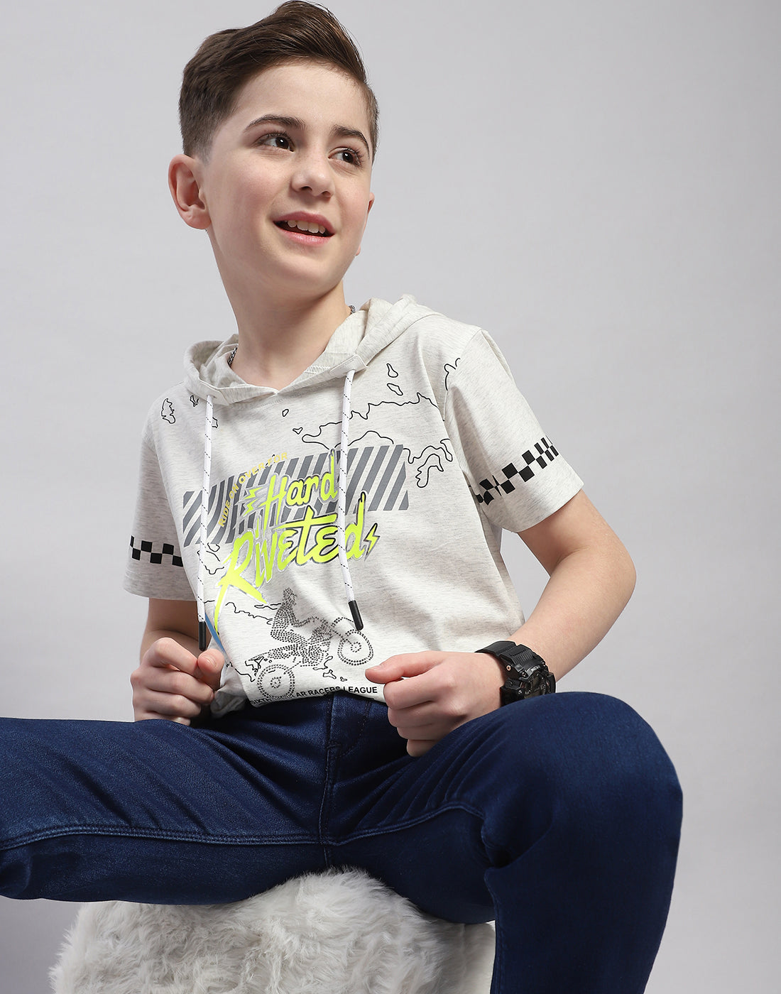 Boys Grey Printed Hooded Half Sleeve T-Shirt