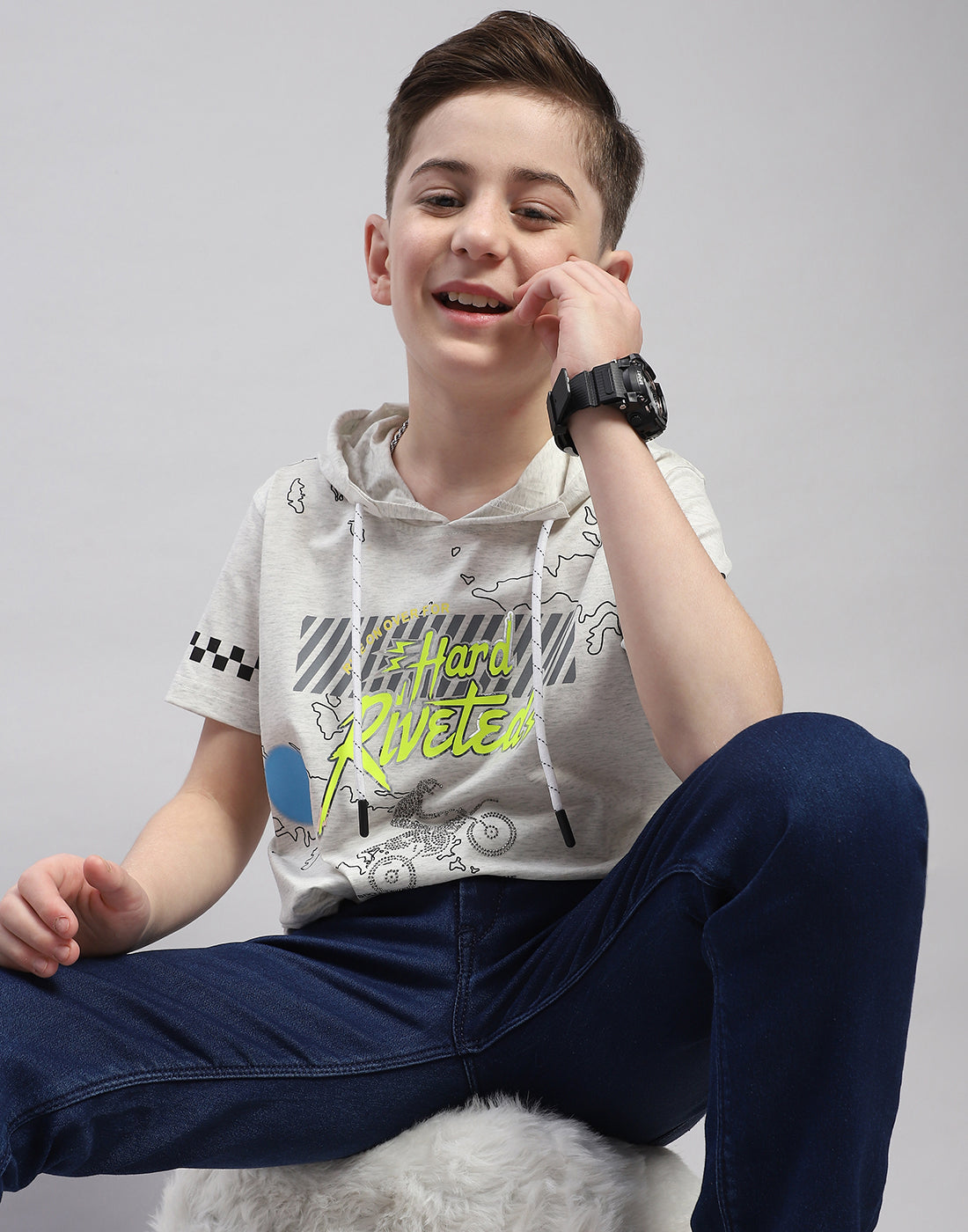 Boys Grey Printed Hooded Half Sleeve T-Shirt