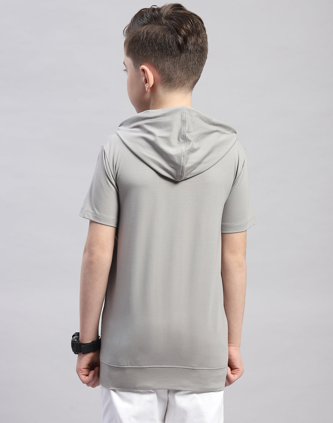 Boys Grey Printed Hooded Half Sleeve T-Shirt