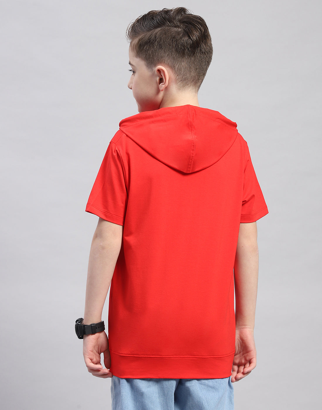 Boys Red Printed Hooded Half Sleeve T-Shirt