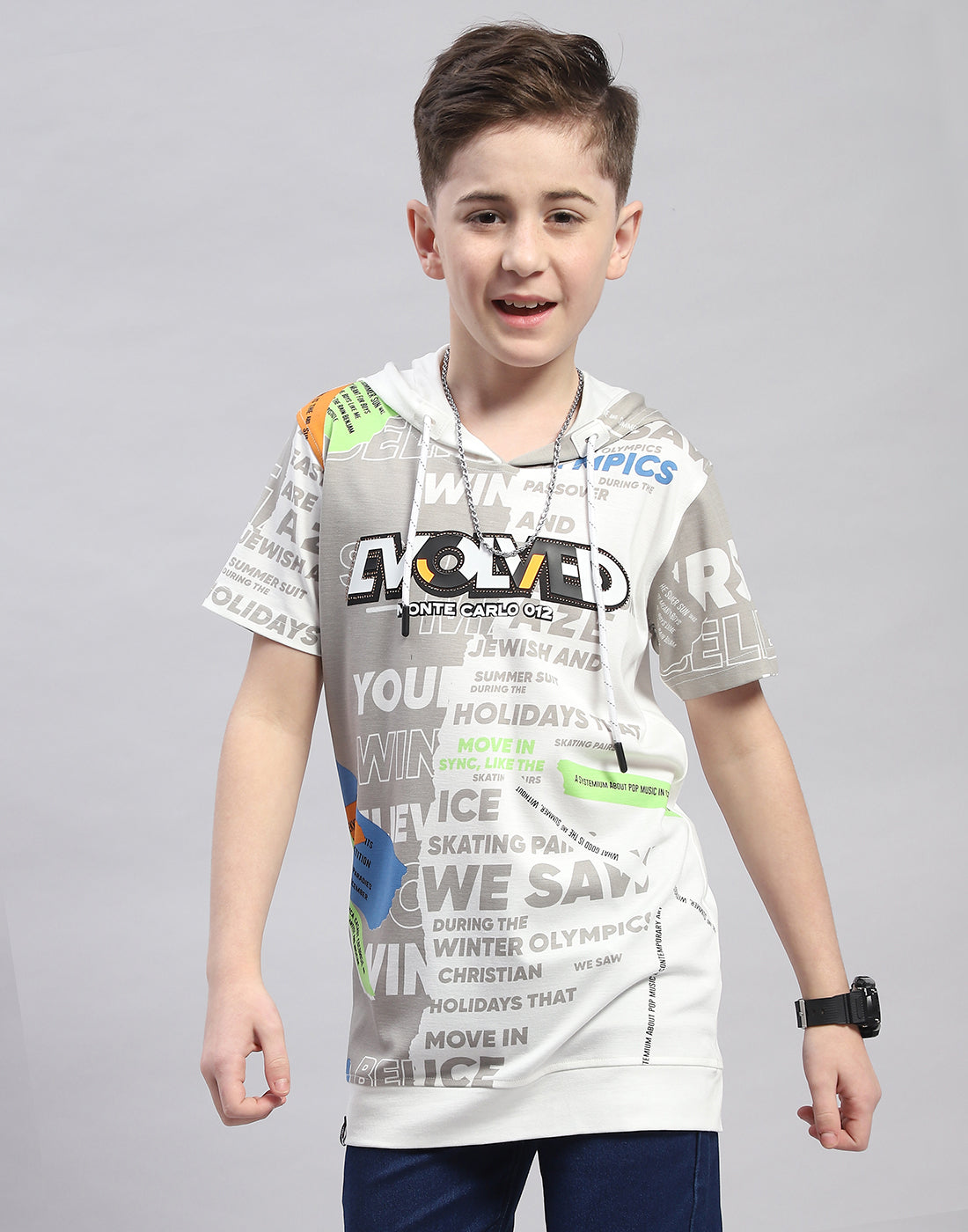 Boys Grey Printed Hooded Half Sleeve T-Shirt