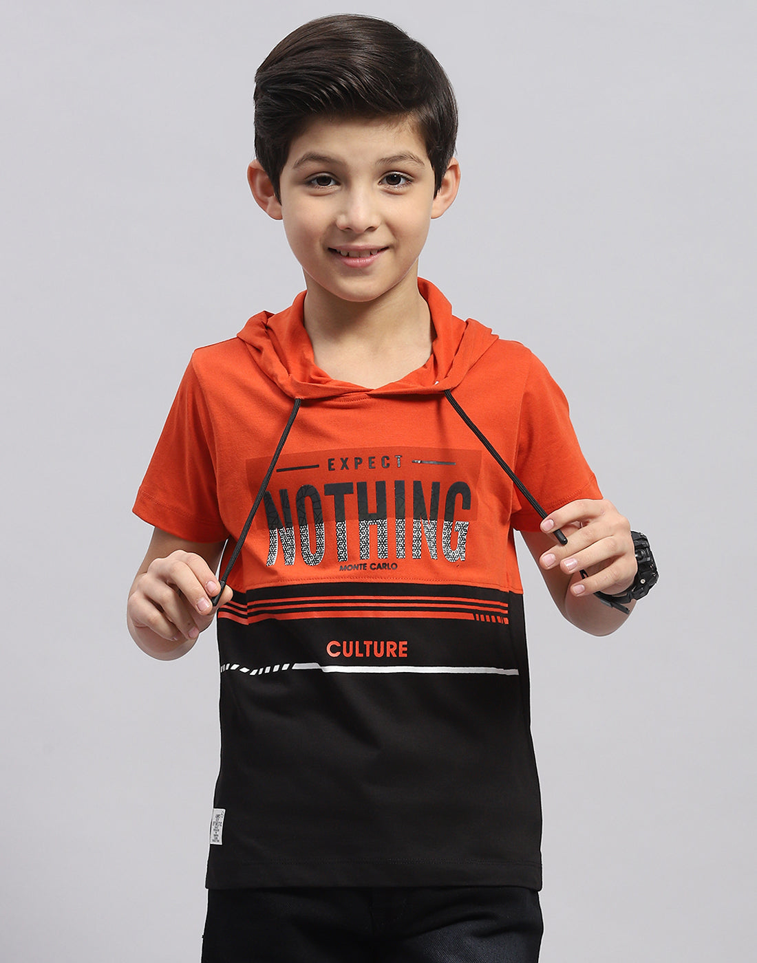 Boys Rust Printed Hooded Half Sleeve T-Shirt
