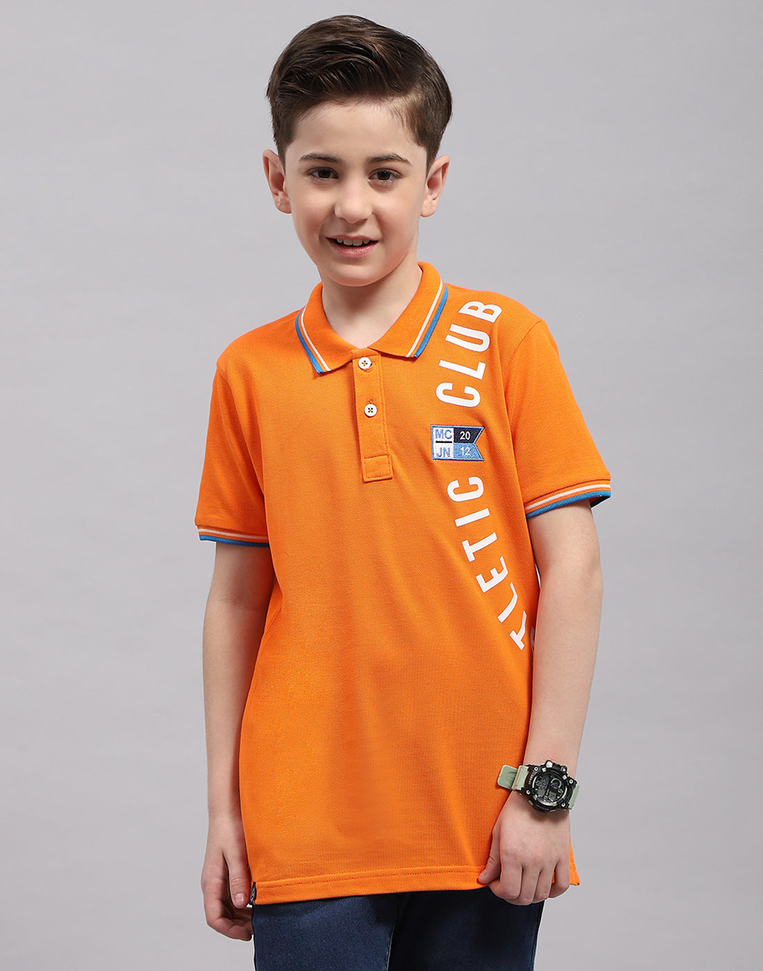 Boys Orange Printed Polo Collar Half Sleeve T-Shirt