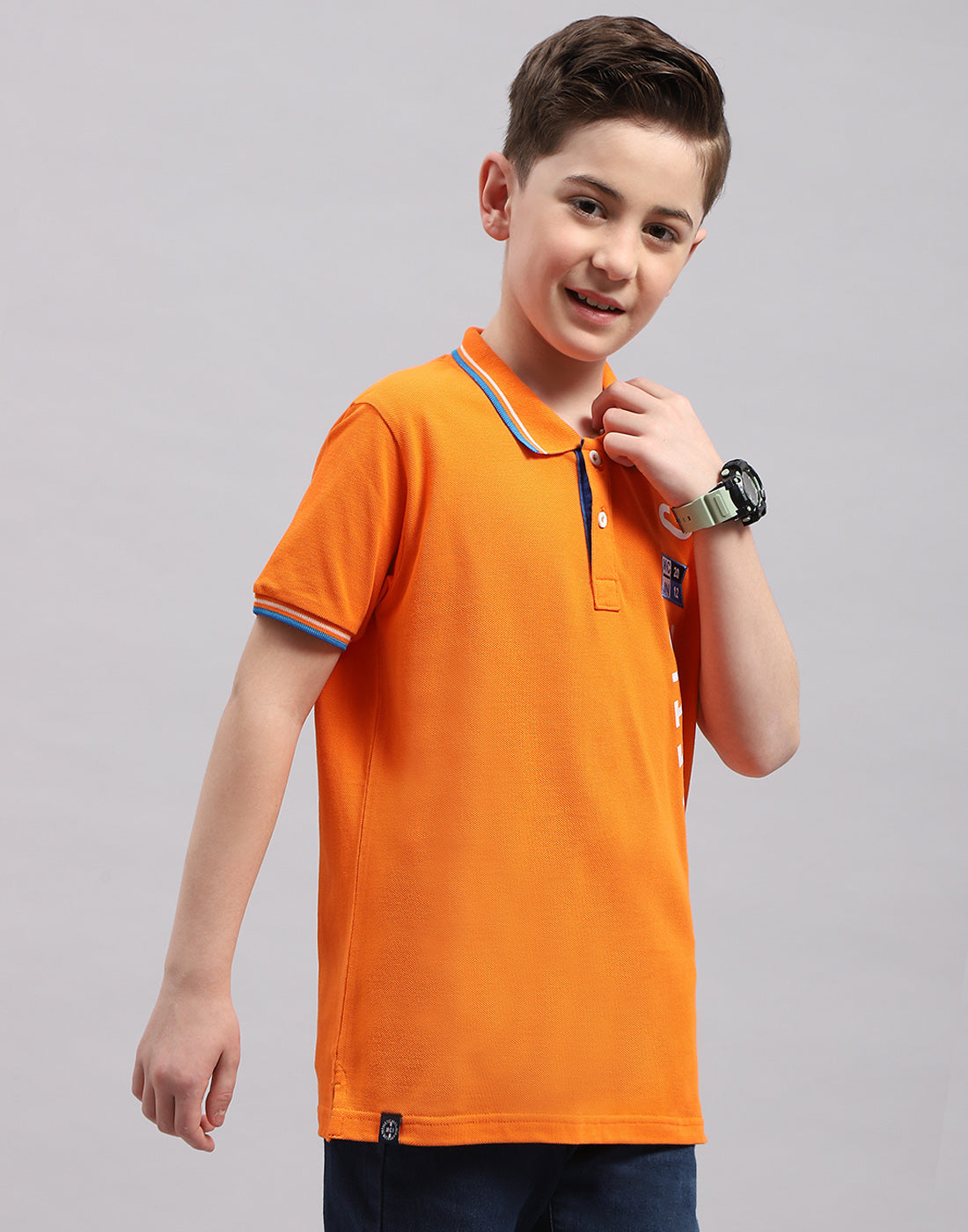 Boys Orange Printed Polo Collar Half Sleeve T-Shirt