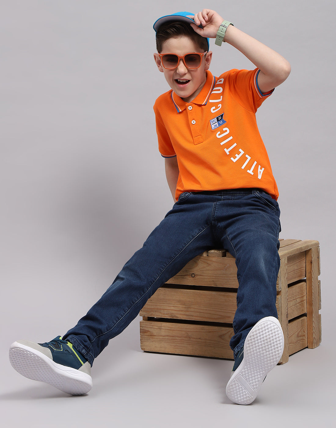 Boys Orange Printed Polo Collar Half Sleeve T-Shirt