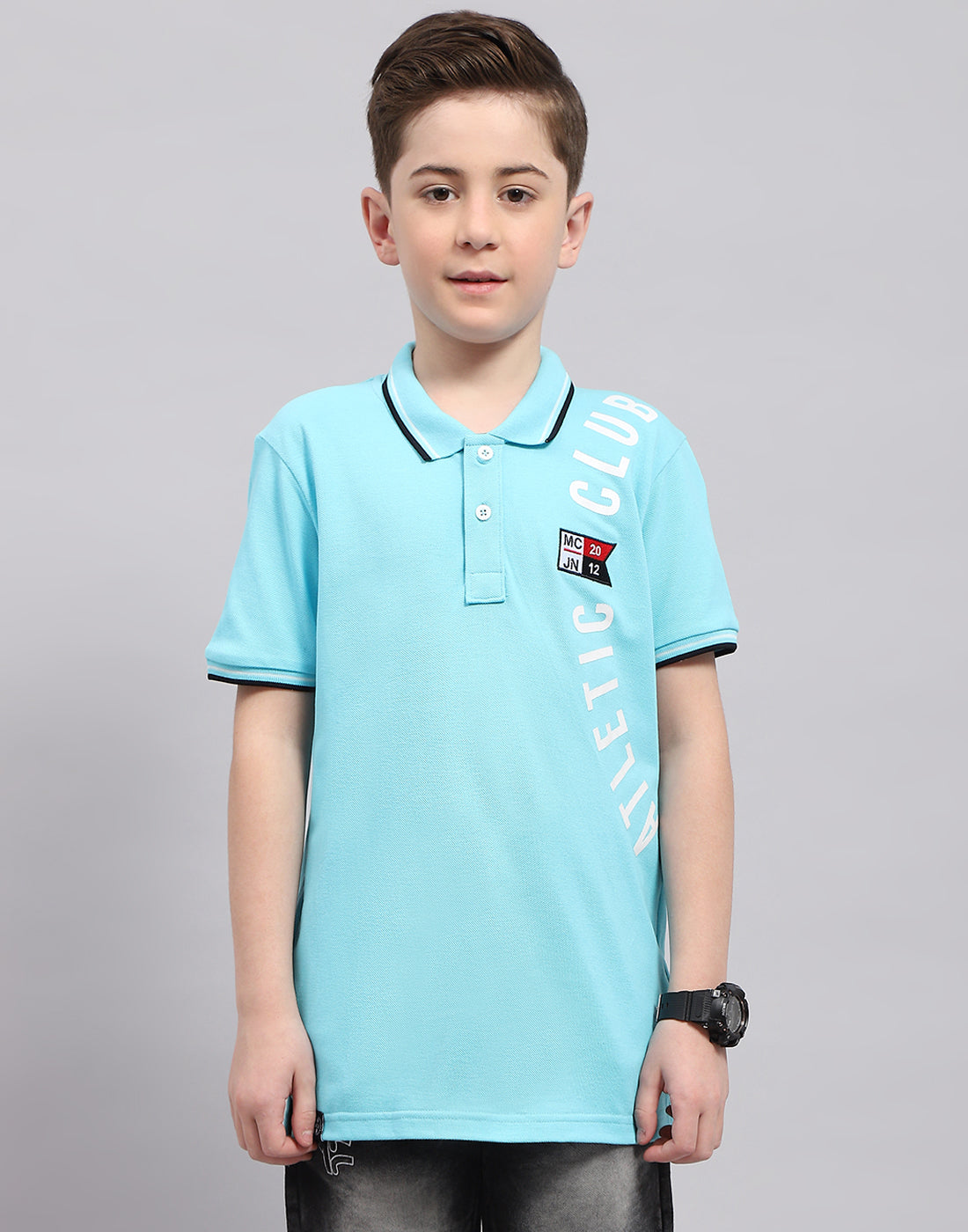 Boys Blue Printed Polo Collar Half Sleeve T-Shirt