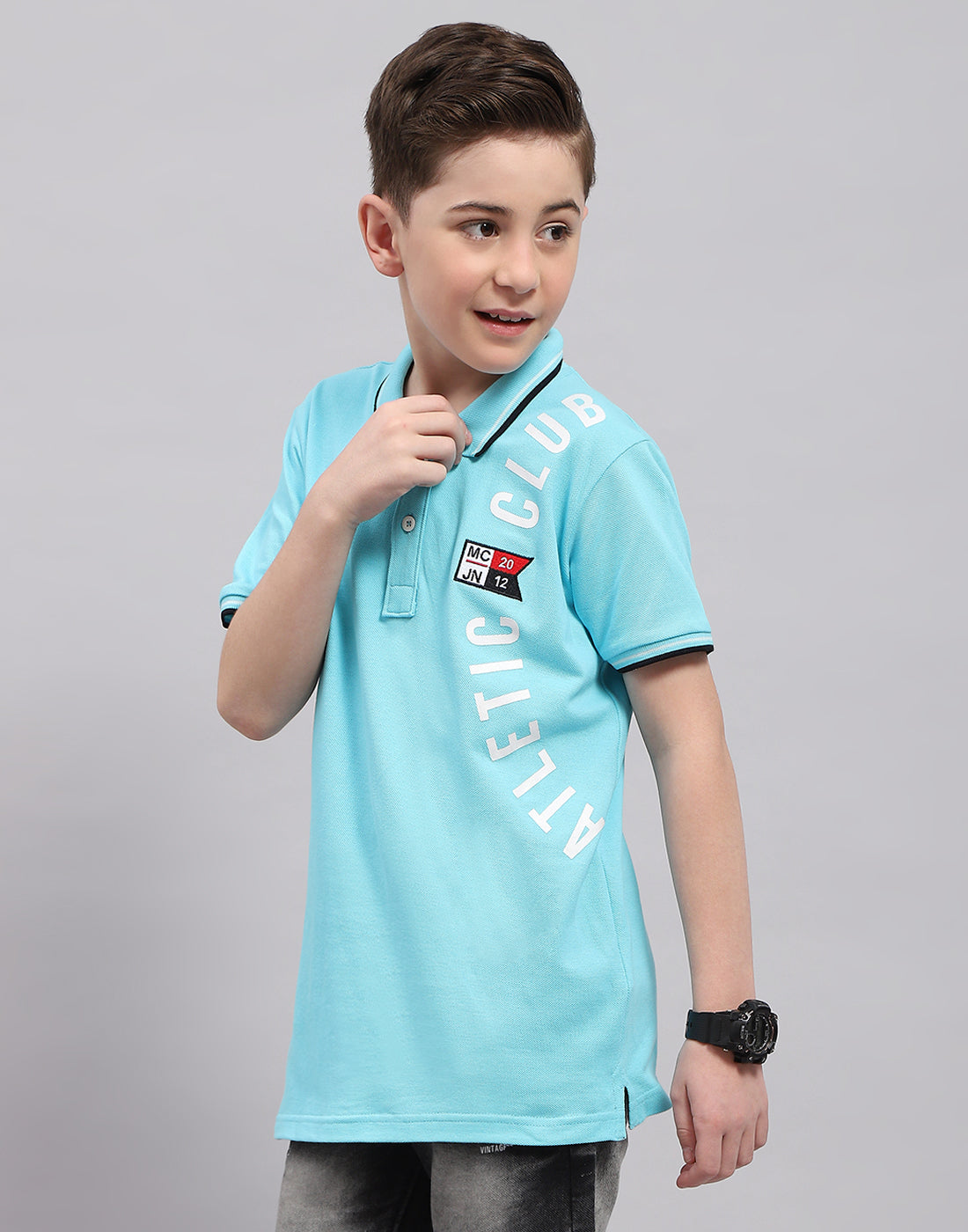 Boys Blue Printed Polo Collar Half Sleeve T-Shirt