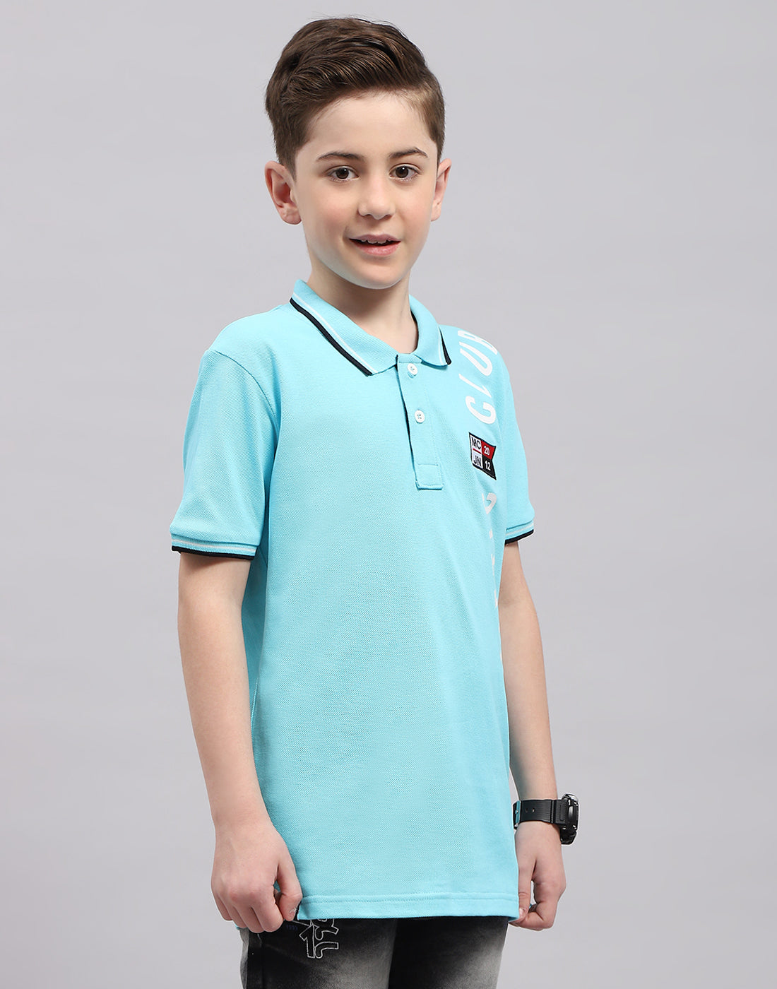 Boys Blue Printed Polo Collar Half Sleeve T-Shirt