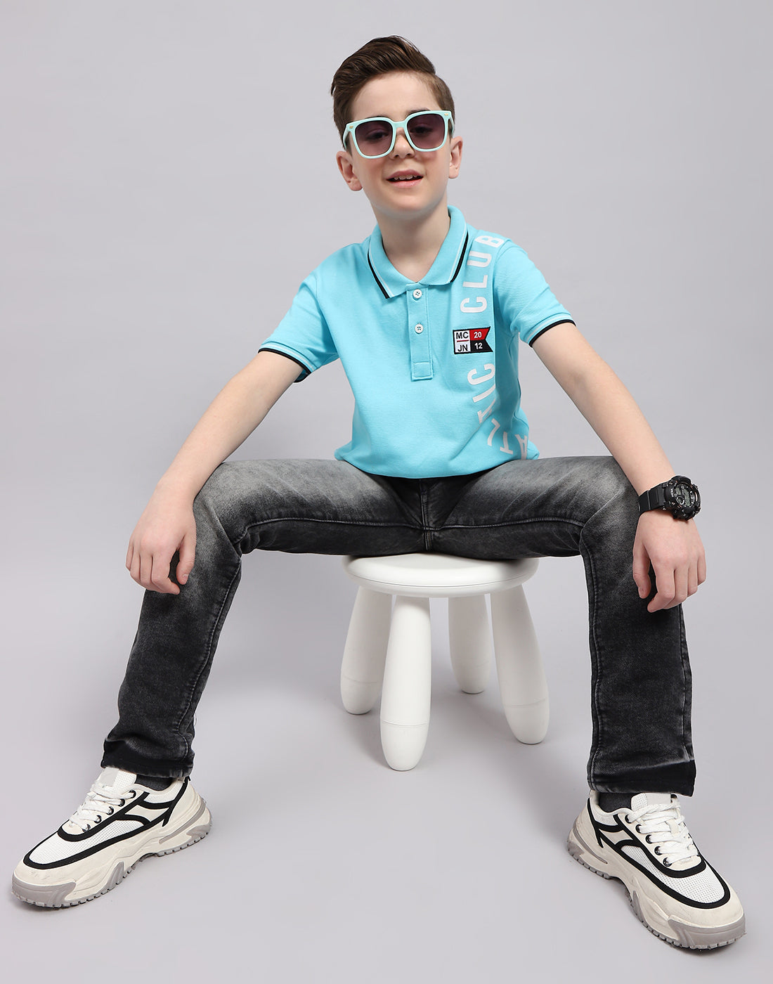 Boys Blue Printed Polo Collar Half Sleeve T-Shirt