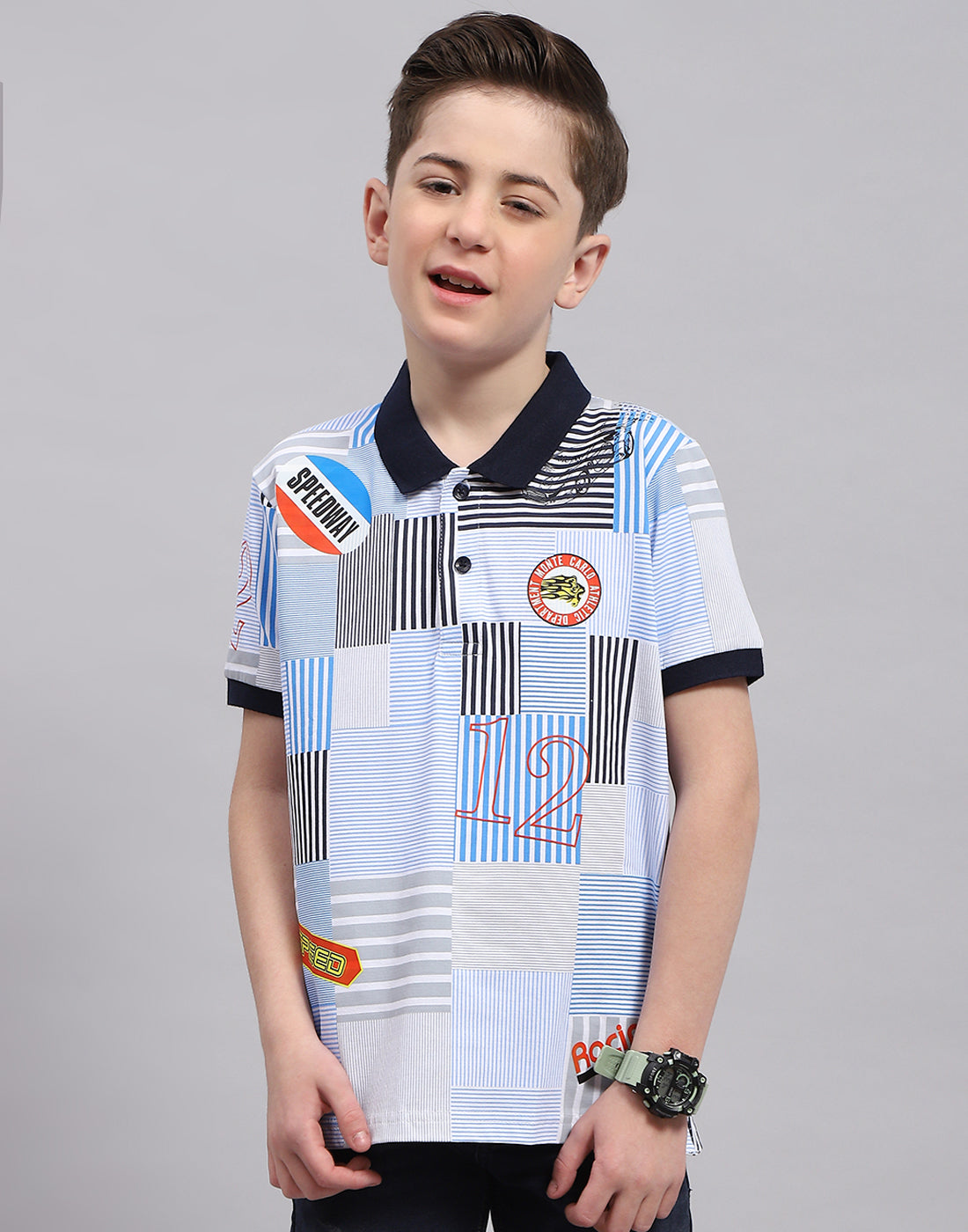Boys Blue Printed Polo Collar Half Sleeve T-Shirt