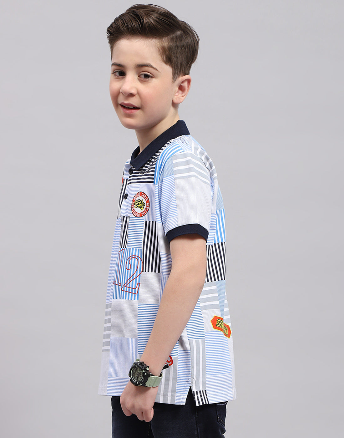 Boys Blue Printed Polo Collar Half Sleeve T-Shirt