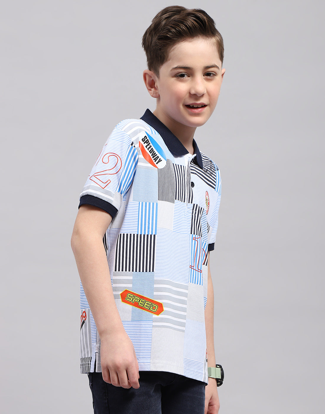 Boys Blue Printed Polo Collar Half Sleeve T-Shirt