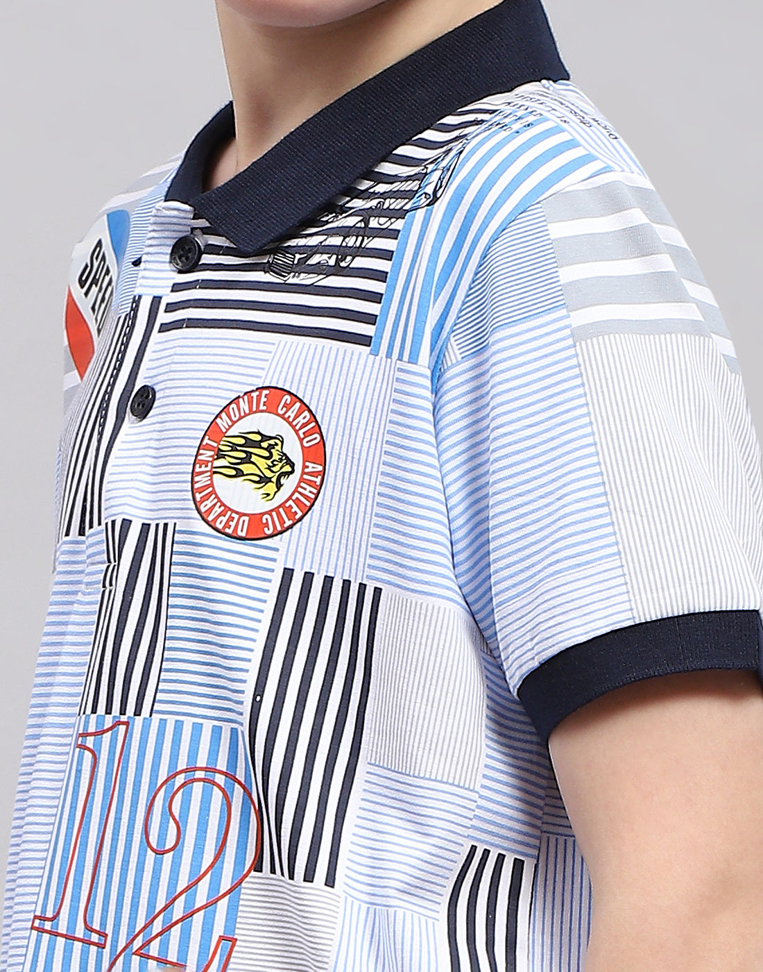 Boys Blue Printed Polo Collar Half Sleeve T-Shirt