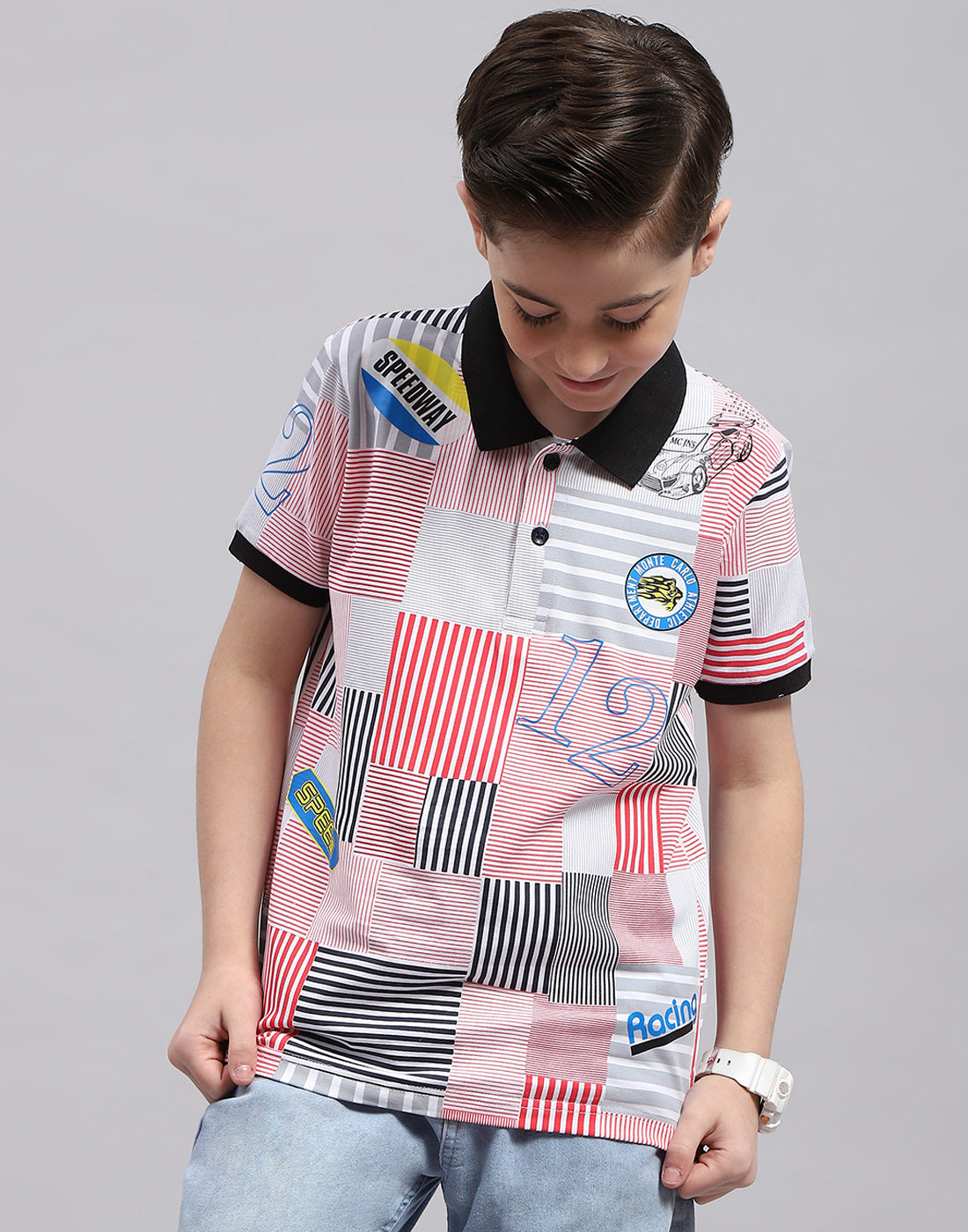 Boys Red Printed Polo Collar Half Sleeve T-Shirt