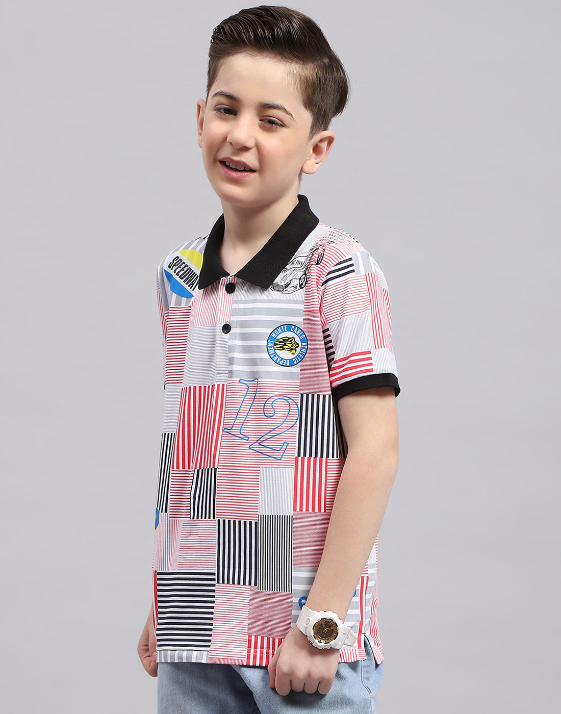 Boys Red Printed Polo Collar Half Sleeve T-Shirt