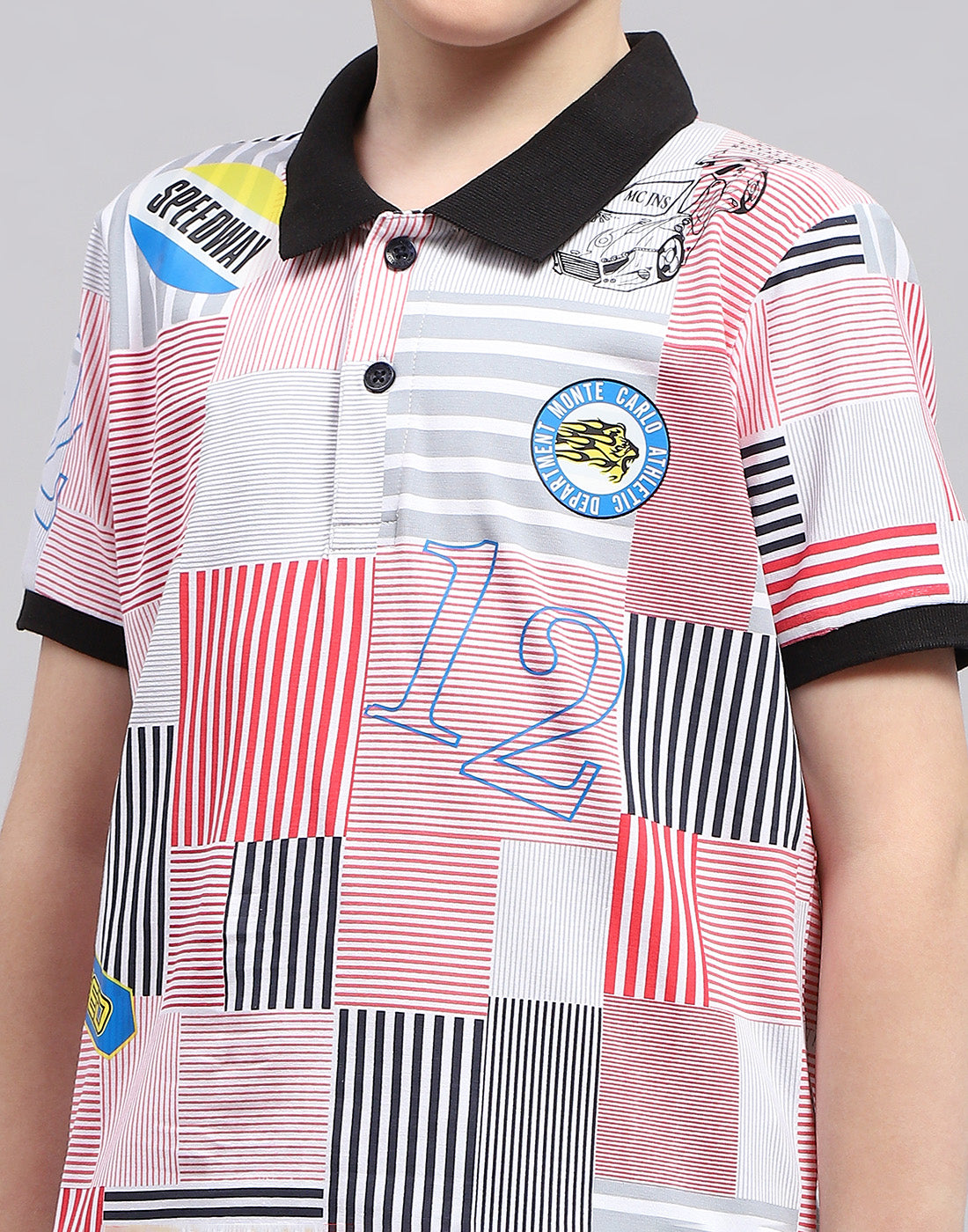 Boys Red Printed Polo Collar Half Sleeve T-Shirt