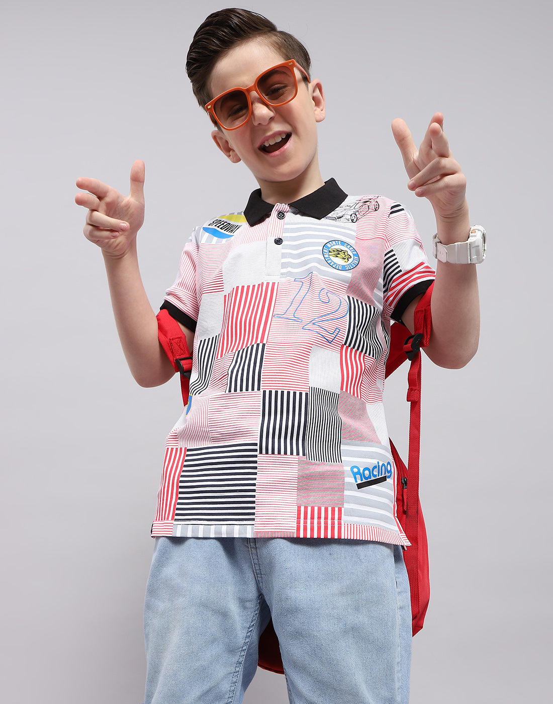 Boys Red Printed Polo Collar Half Sleeve T-Shirt