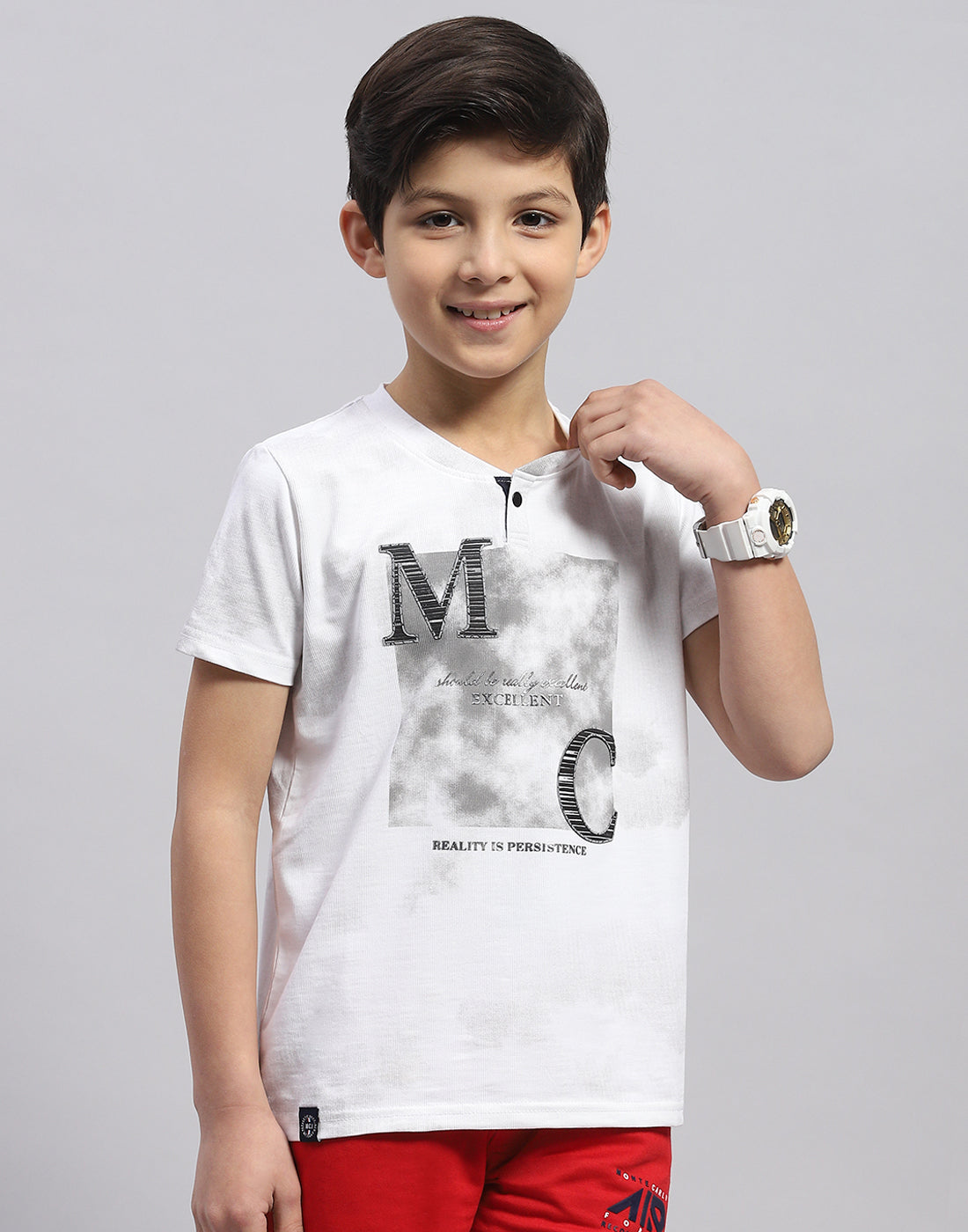 Boys White Printed Round Neck Half Sleeve T-Shirt