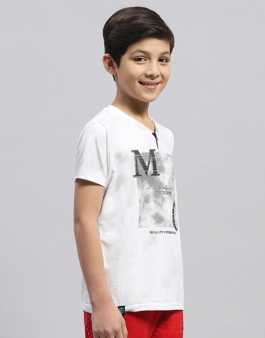 Boys White Printed Round Neck Half Sleeve T-Shirt