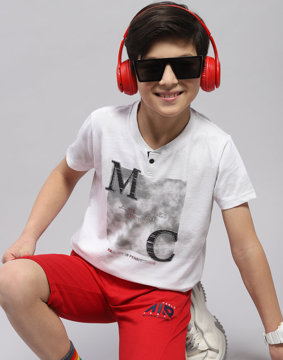 Boys White Printed Round Neck Half Sleeve T-Shirt