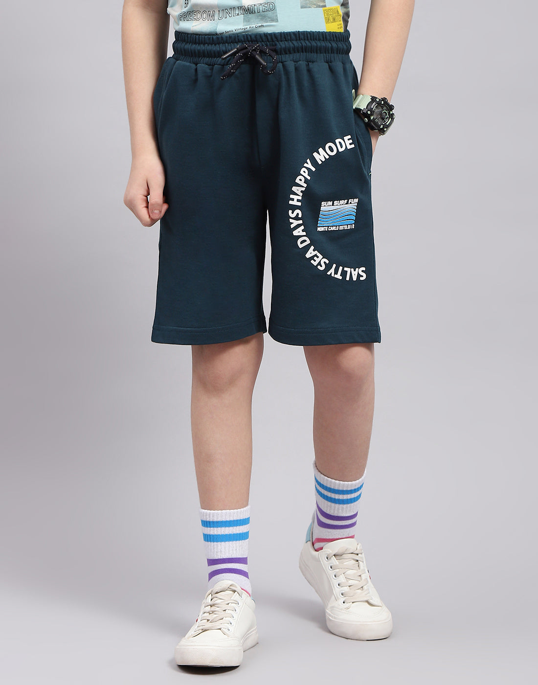 Boys Teal Blue Printed Bermuda