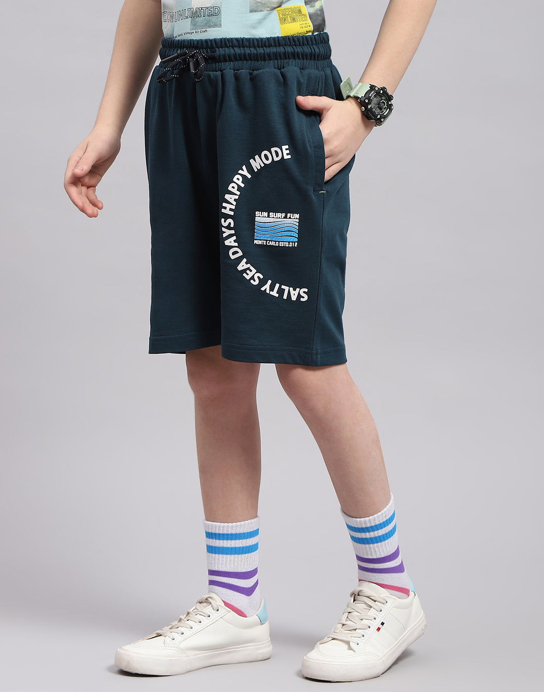 Boys Teal Blue Printed Bermuda