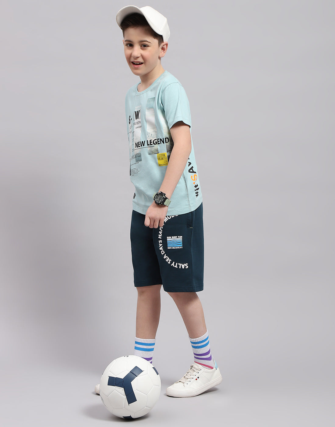 Boys Teal Blue Printed Bermuda