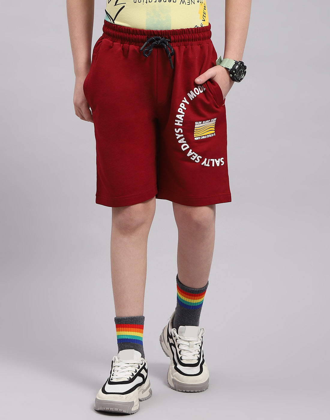 Boys Maroon Printed Bermuda