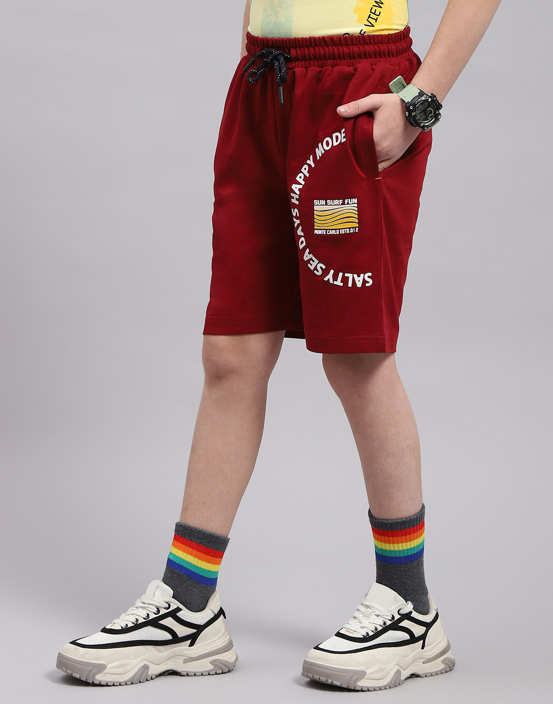 Boys Maroon Printed Bermuda