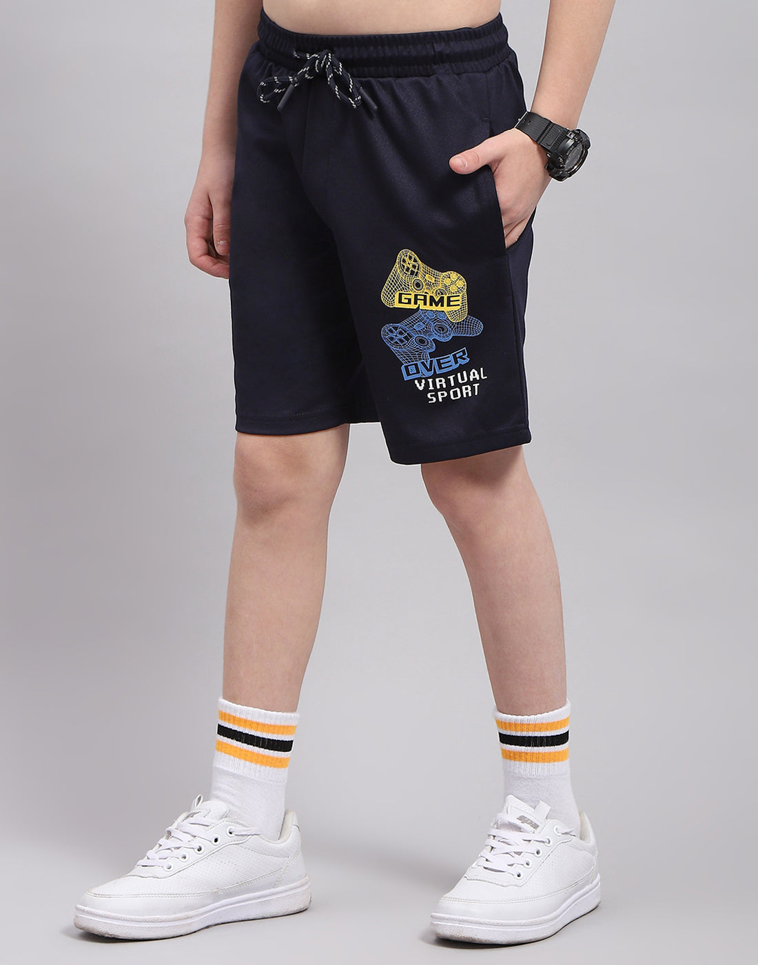 Boys Navy Blue Printed Round Neck Half Sleeve Bermuda Set