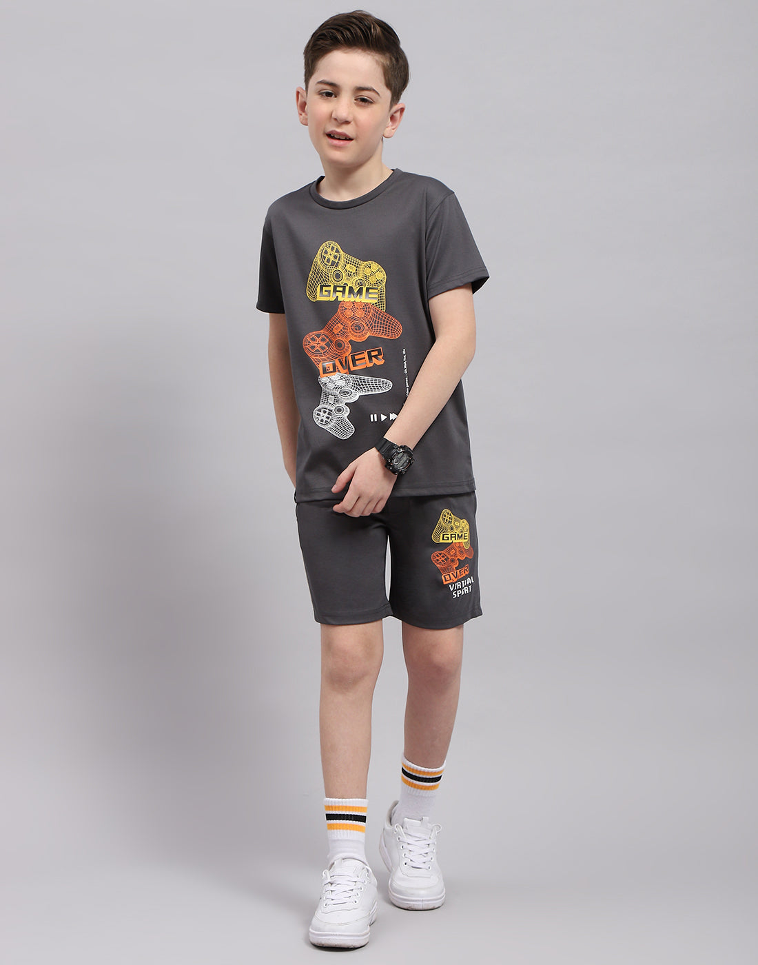 Boys Grey Printed Round Neck Half Sleeve Bermuda Set