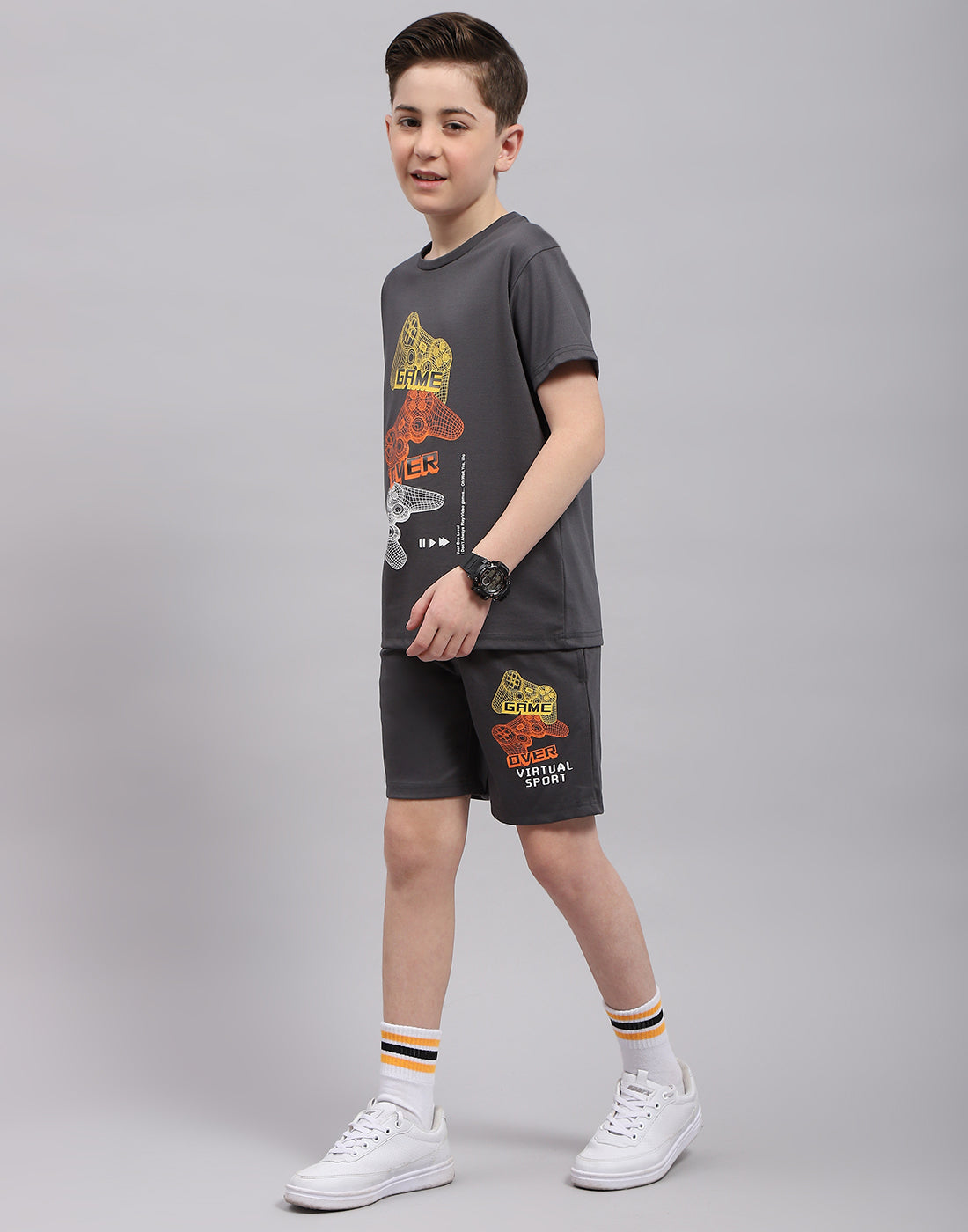 Boys Grey Printed Round Neck Half Sleeve Bermuda Set