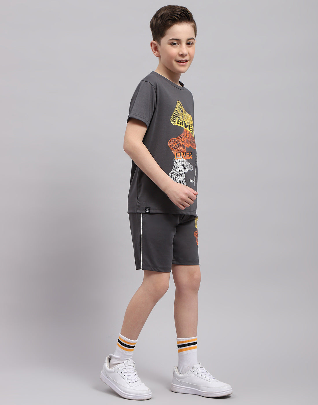 Boys Grey Printed Round Neck Half Sleeve Bermuda Set