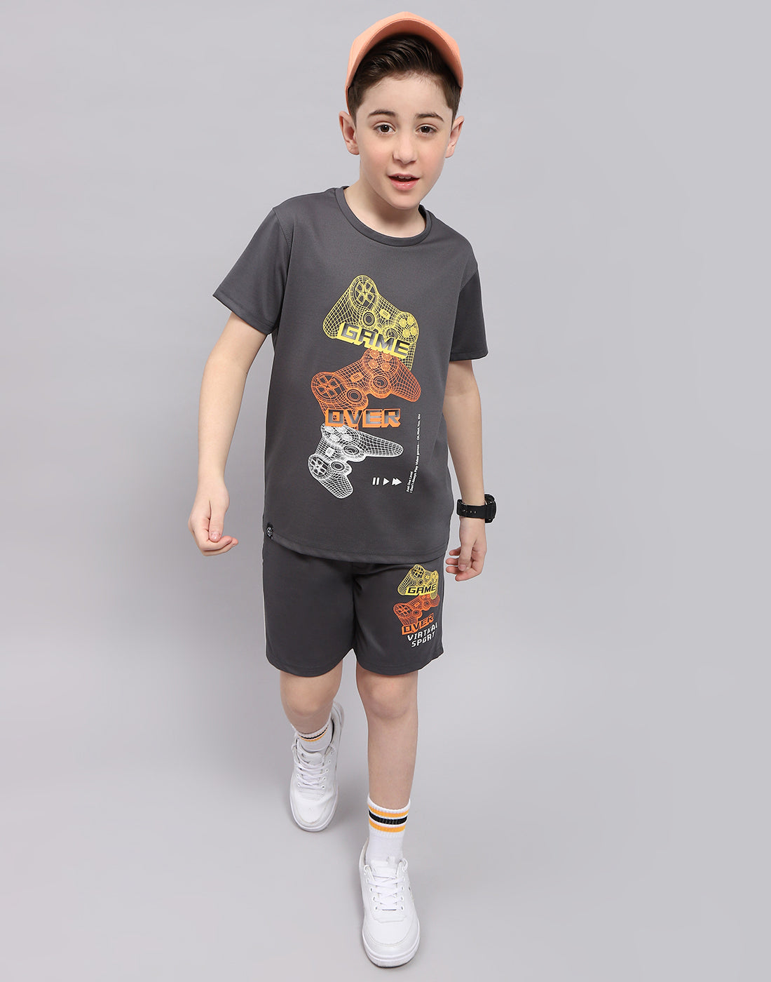 Boys Grey Printed Round Neck Half Sleeve Bermuda Set