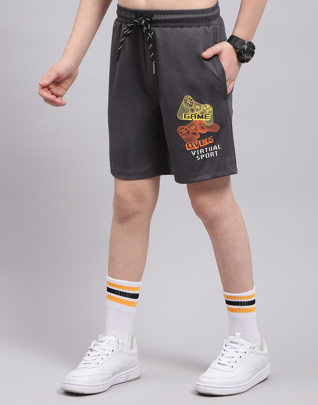 Boys Grey Printed Round Neck Half Sleeve Bermuda Set