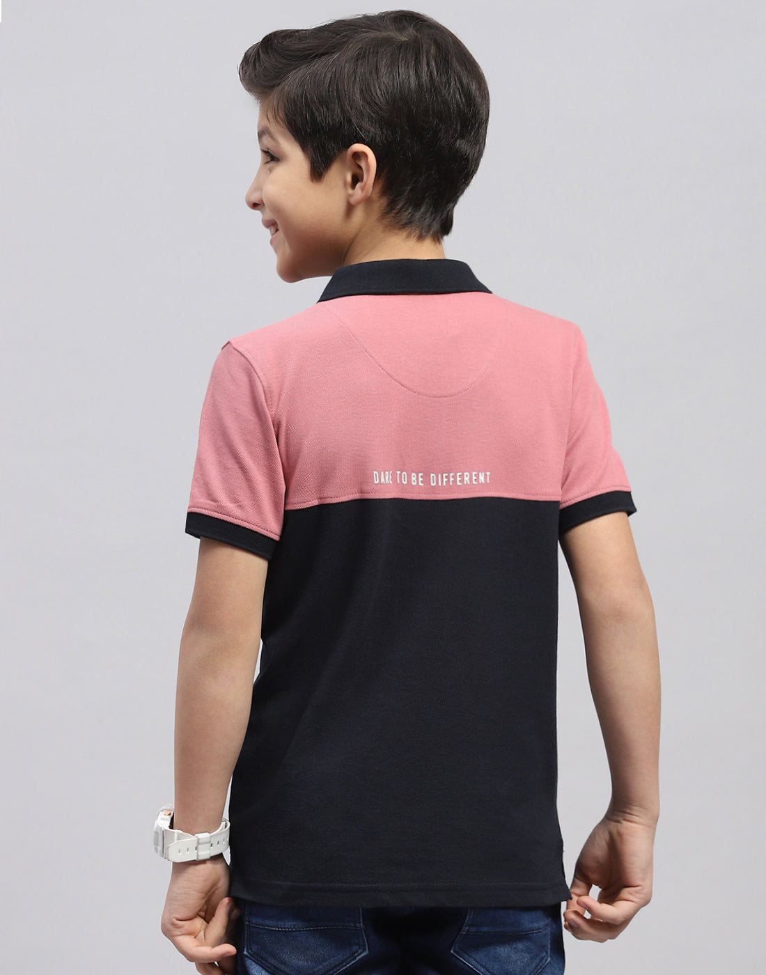 Boys Pink Printed Polo Collar Half Sleeve T-Shirt