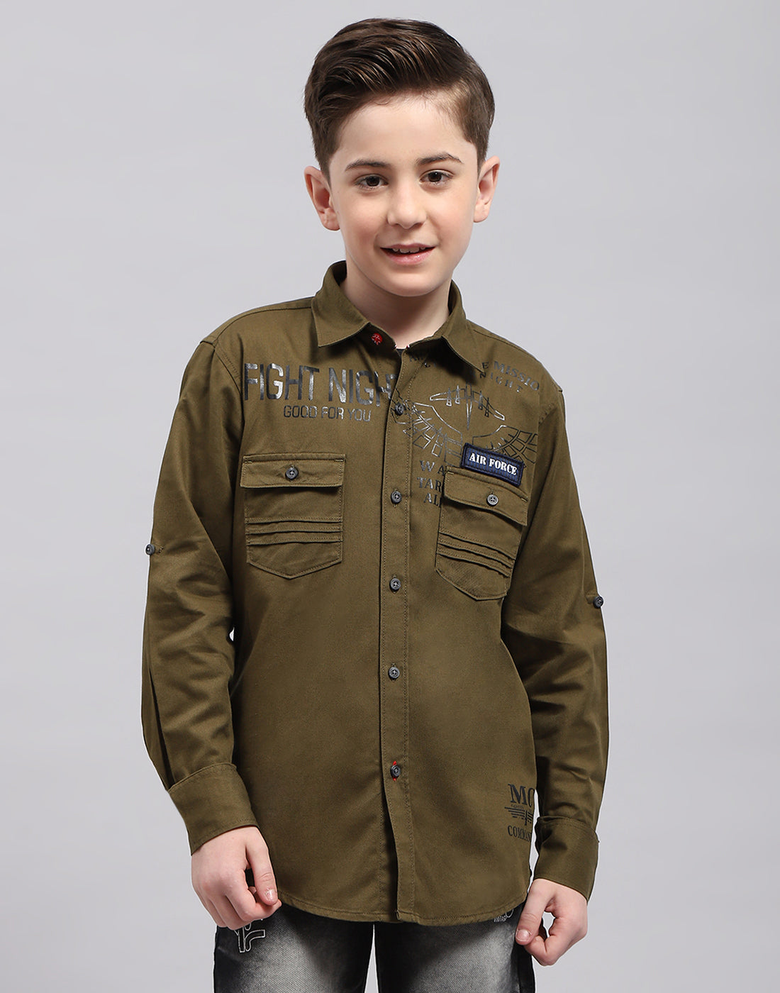 Boys Olive Solid Collar Full Sleeve Shirt